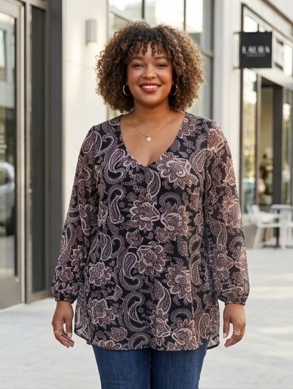 Women's Black Paisley V-Neck Tunic Top